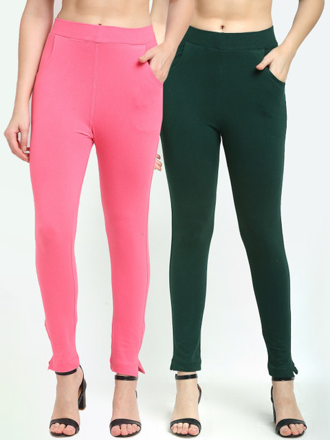 

TAG 7 Women Set of 2 Green & Pink Solid Ankle-Length Leggings
