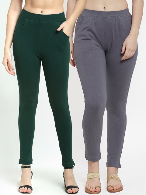 

TAG 7 Women Set of 2 Green & Grey Solid Ankle-Length Leggings