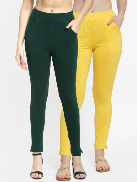 

TAG 7 Women Set of 2 Green & Yellow Solid Ankle-Length Leggings
