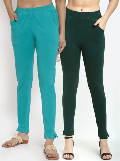 

TAG 7 Women Set of 2 Green & Turquoise Blue Solid Ankle-Length Leggings