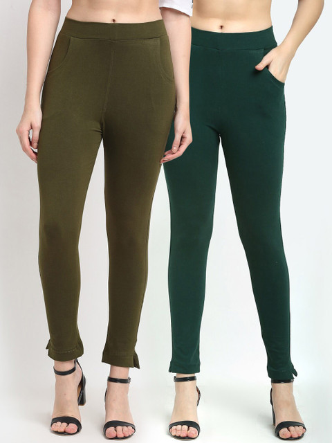 

TAG 7 Women Set of 2 Green Solid Ankle-Length Leggings