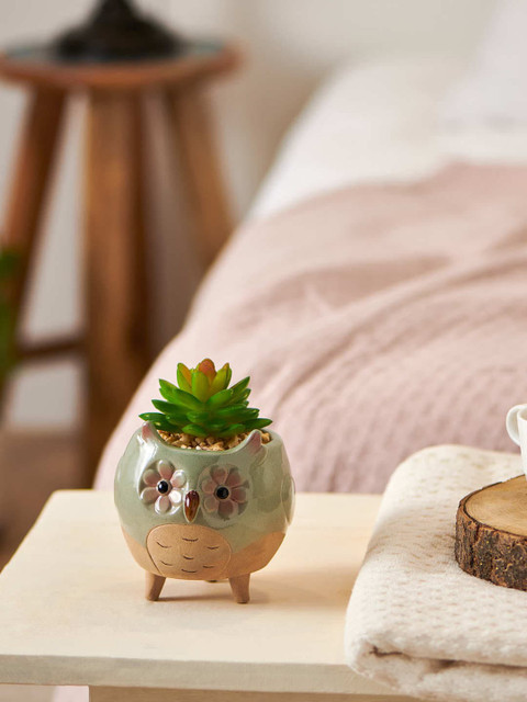 

Chumbak Sea Green & Beige Owl-Shaped Eyes That Hypnotize Faux Planter