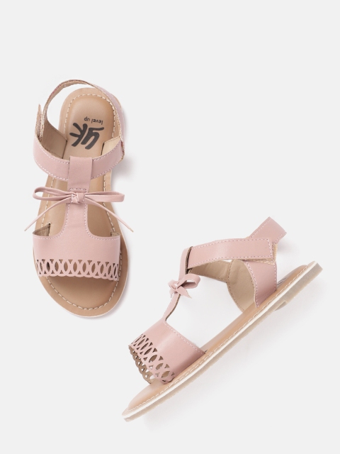 

YK Girls Dusty Pink Solid Open Toe Flats with Laser Cuts & Bow Detail