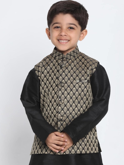 

VASTRAMAY Boys Black & Gold-Coloured Woven Design Slim-Fit Nehru Jacket