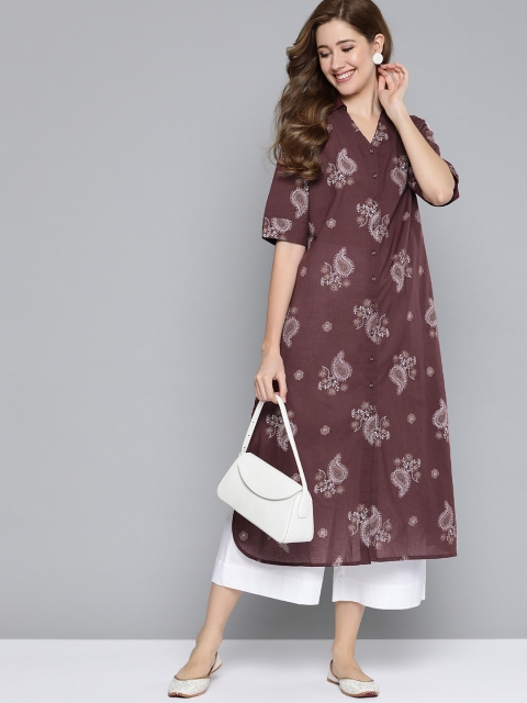 

HERE&NOW Women Burgundy & Green Pure Cotton Ethnic Motifs Printed Pathani Kurta
