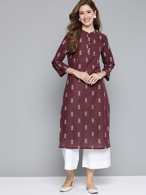 

HERE&NOW Women Burgundy & White Pure Cotton Ethnic Motifs Printed Straight Kurta