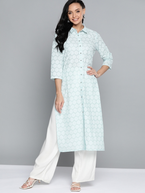 

HERE&NOW Women Blue & Off White Pure Cotton Ethnic Motifs Print Kurta