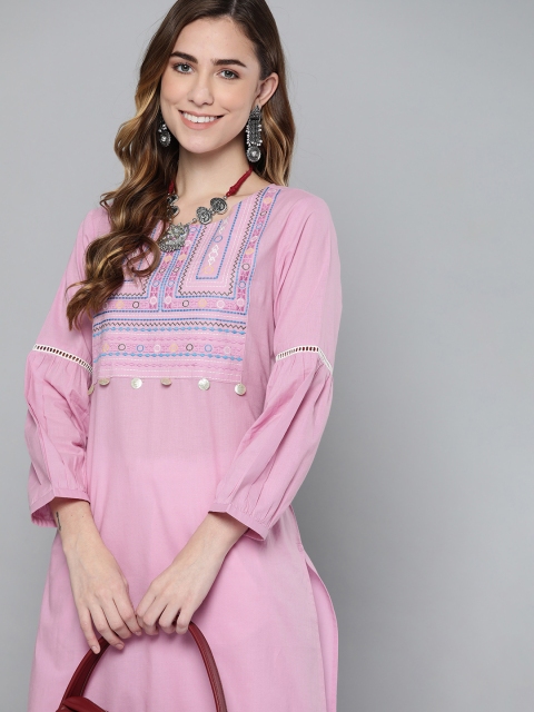 

HERE&NOW Women Lavender & Blue Cotton Geometric Embroidered Pastel Kurta
