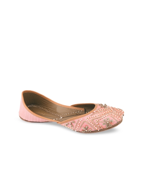 

Coral Haze Women Peach-Coloured Embellished Mojaris with Embroidered Flats