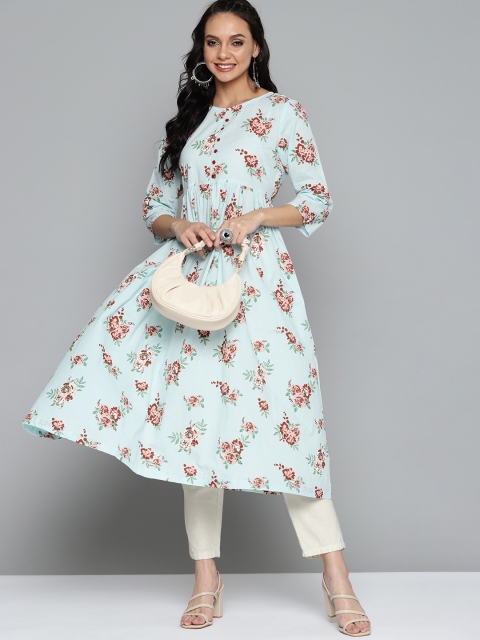 

HERE&NOW Women Blue & Rust Red Pure Cotton Floral Print A-Line Kurta