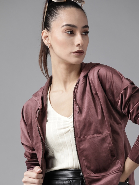 

Roadster Women Burgundy Solid Velvet Hooded Sweatshirt