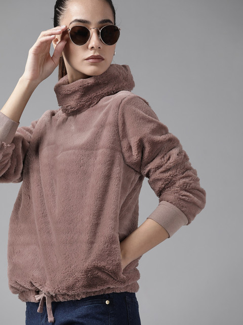

Roadster Women Mauve Faux Fur Solid Sweatshirt