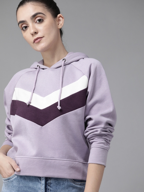 

Roadster Women Lavender Chevron Stripes Drop-Shoulders Hooded Sweatshirt