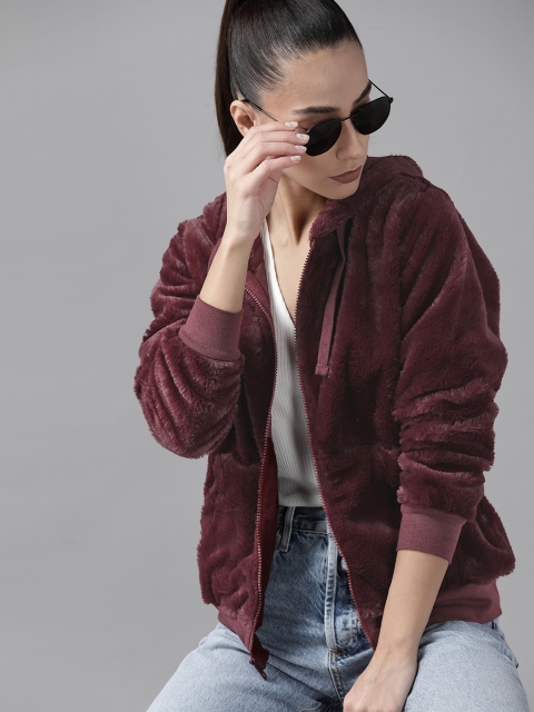 

Roadster Women Burgundy Faux Fur Hooded Sweatshirt