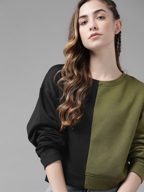 

Roadster Women Olive Green & Black Colourblocked Sweatshirt