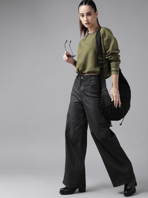 

Roadster Women Olive Green Solid Sweatshirt