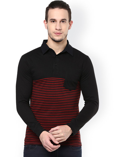 

Hypernation Men Black Striped Polo T-Shirt