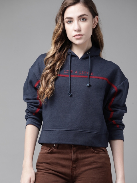 

Roadster Women Navy Blue Embroidered Hooded Sweatshirt