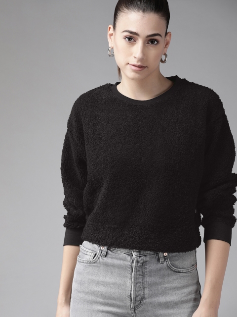 

Roadster Women Black Solid Sherpa Sweatshirt