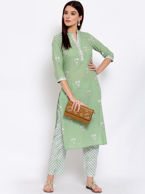 

Yuris Women Green & White Ethnic Motifs Printed Thread Work Kurta