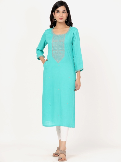 

PK Fashions Women Turquoise Blue & Silver Ethnic Motifs Yoke Design Thread Work Kurta