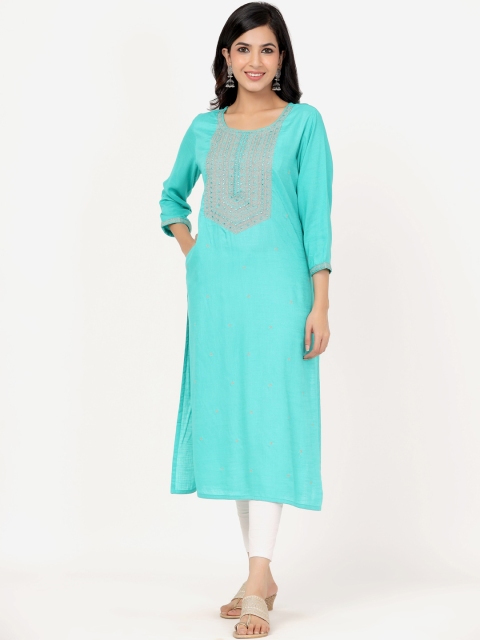 

PK Fashions Women Turquoise Blue Ethnic Motifs Yoke Design Thread Work Kurta