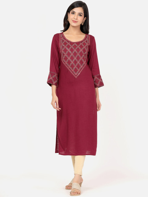 

PK Fashions Women Maroon Ethnic Motifs Yoke Design Mirror Work Kurta