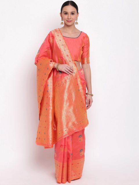 

Vbuyz Coral & Gold Ethnic Motifs Zari Details Banarasi Saree