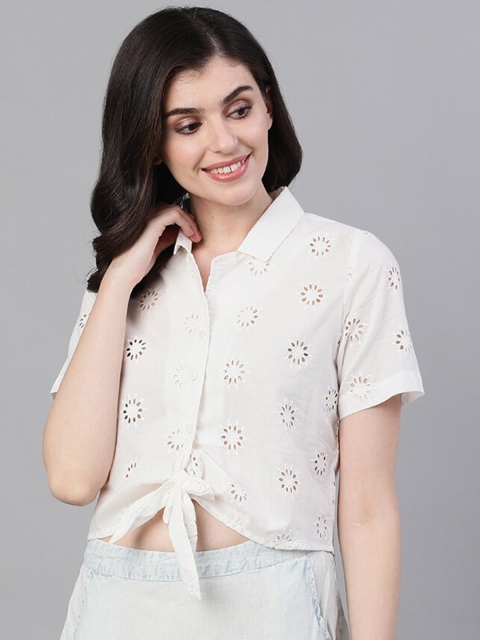 

Ishin White Schiffli Shirt Style Crop Top with Tie-Up