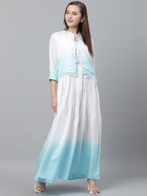 

Ishin White & Blue Tie and Dye Dyed Maxi Dress with Jacket