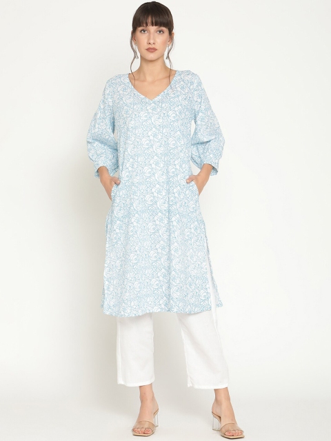 

Abhishti Women Blue & White Floral Printed Blouson Sleeves Kurta