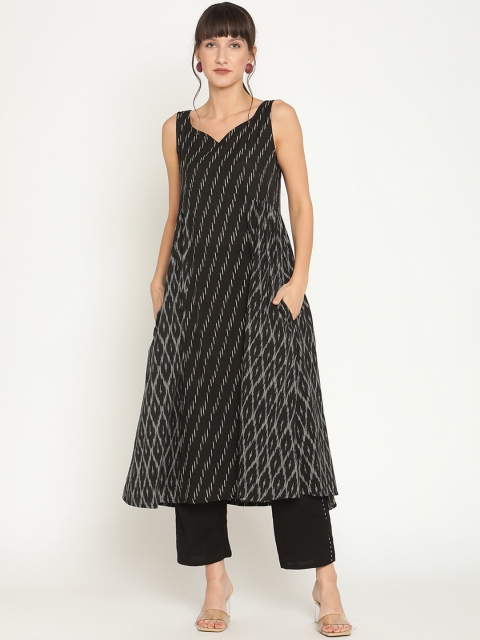 

Abhishti Women Black & White Ikat Printed A-line Kurta