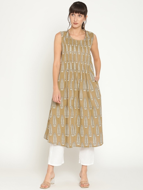 

Abhishti Women Beige & Off White Ethnic Motifs Printed Pleated A-line Kurta