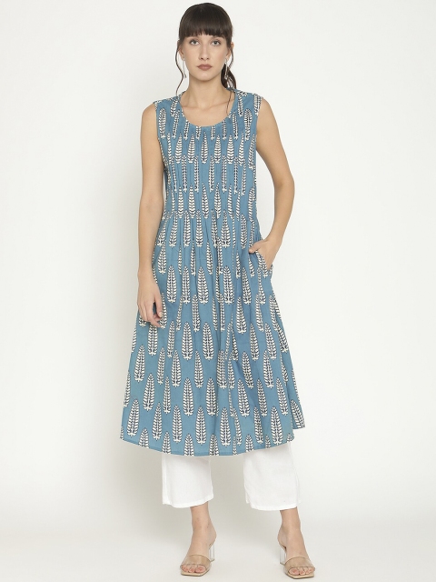

Abhishti Women Blue & Cream-Coloured Ethnic Motifs Printed A-line Kurta