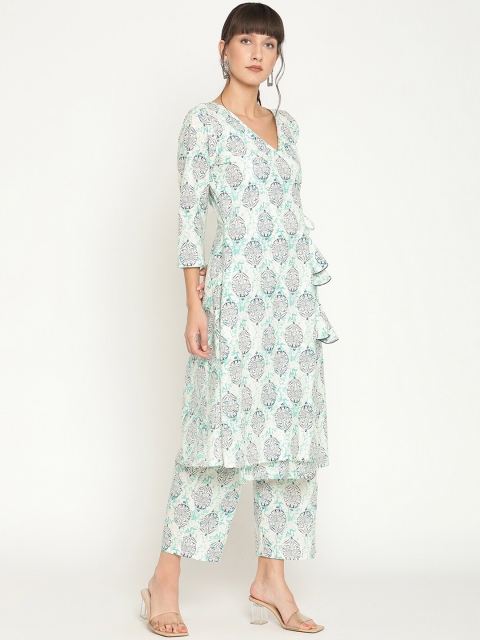 

Abhishti Women Off White & Green Ethnic Motifs Printed Dori Tie-Up Angrakha Kurta