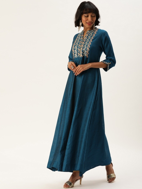 

Varanga Women Teal Ethnic Motifs Embroidered Thread Work Kurta