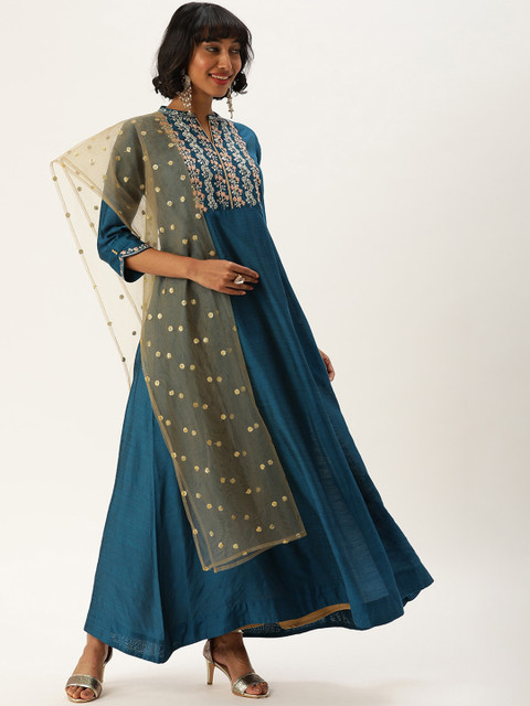 

Varanga Women Teal Ethnic Motifs Embroidered Thread Work Kurta