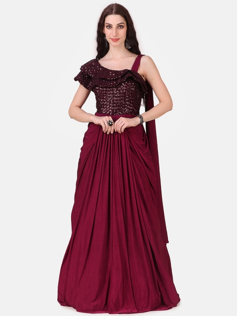 

Grancy Maroon & Black Embellished Velvet Maxi Dress