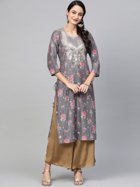 

Ishin Women Grey Floral Printed Thread Work Floral Chanderi Silk Chanderi Silk Kurta