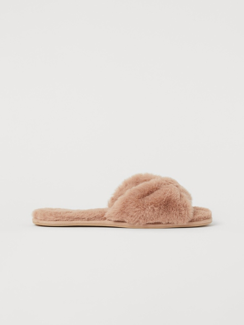 

H&M Womens Pink & Beige Faux Fur Indoor Slippers
