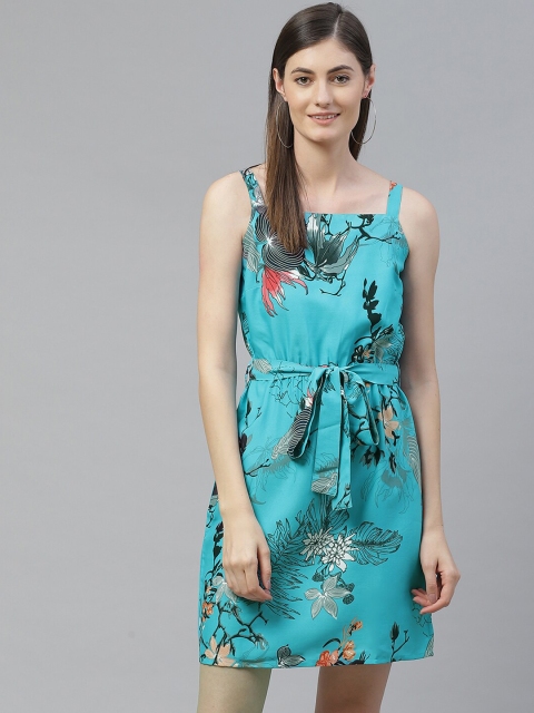 

SIRIKIT Women Turquoise Blue & Green Floral Crepe A-Line Dress