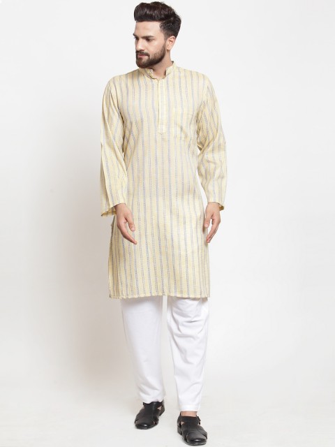 

NEUDIS Men Beige Striped Regular Pure Cotton Kurta with Pyjamas