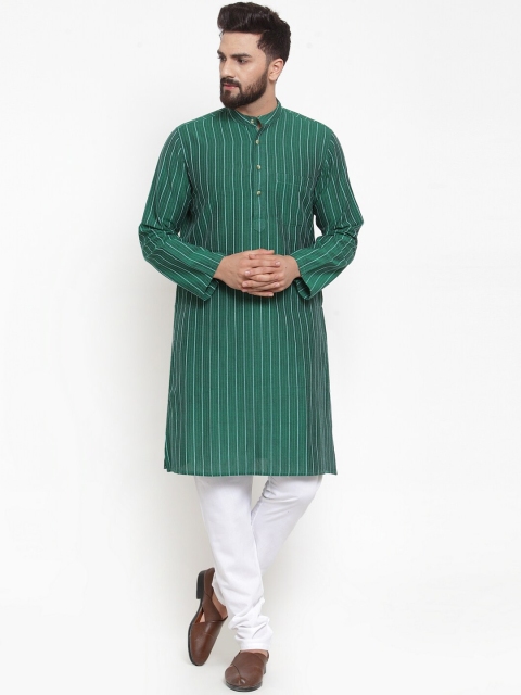 

NEUDIS Men Green Striped Regular Pure Cotton Kurta with Churidar