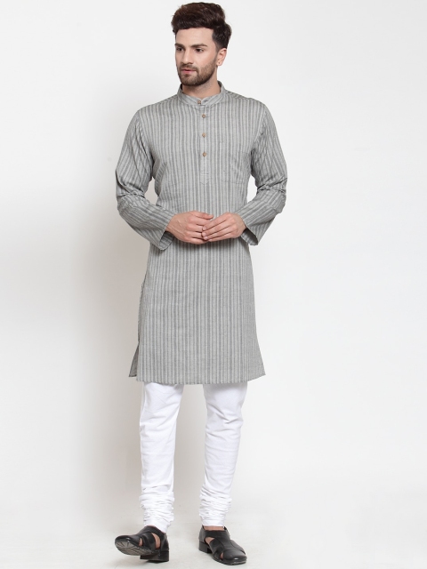 

NEUDIS Men Grey Striped Regular Pure Cotton Kurta with Churidar