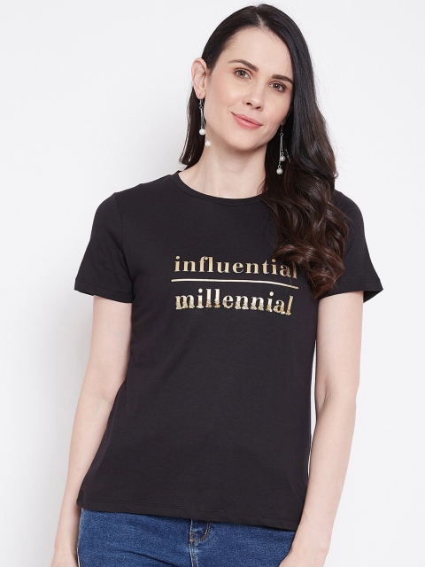 

Madame Black & Gold-Toned Sequined Printed Regular Top