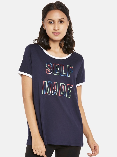 

Ajile by Pantaloons Navy Blue & Green Typography Printed Regular Longline Cotton Top
