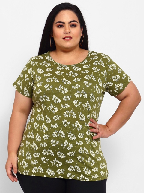 

plusS Women Olive Green White Floral Printed Pure Cotton T-shirt