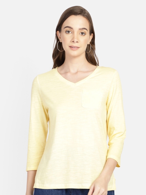 

Aditi Wasan Women Yellow V-Neck Pockets Pure Cotton T-shirt