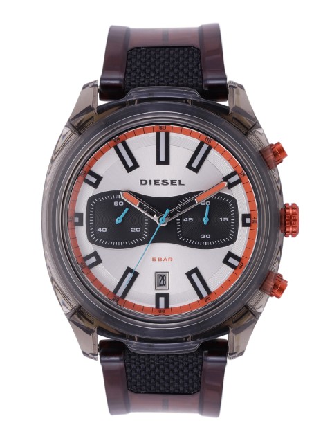 

DIESEL Tumbler Men Silver-Toned Dial & Grey Clear Strap Chronograph Watch DZ4509