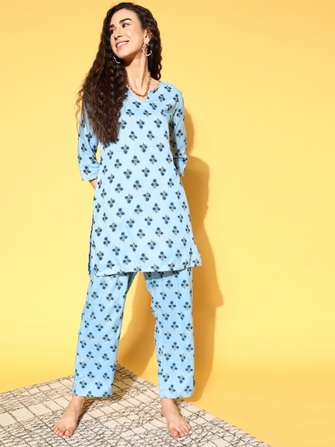 

HERE&NOW Women Blue & Olive Green Floral Printed Nigh Suit